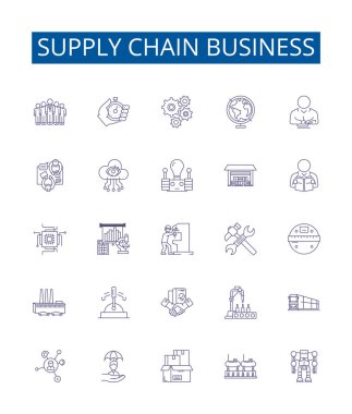 Tedarik zinciri simgeleri ayarlandı. Dağıtım, Lojistik, Tedarik, Depo, Envanter, Üretim, Dış Kaynak, Nakliye ana hatları vektör çizimleri tasarımı