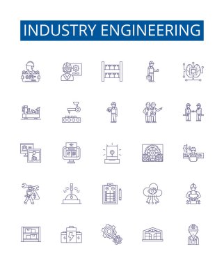 Endüstri mühendisliği çizgisi simgeleri ayarlandı. Endüstriyel, Mühendislik, Üretim, Üretim, Otomasyon, Kalite, Kontrol, Lojistik ana hatları çizim çizimleri tasarımı
