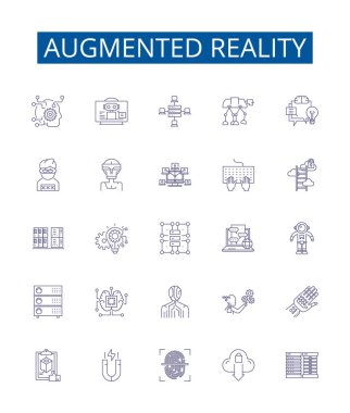Artırılmış gerçeklik çizgisi simgeleri ayarlandı. Artırılmış, Gerçeklik, AR, Teknoloji, 3D, Dijital, Etkileşimli, Görselleştirme ana hatları çizim çizimleri tasarımı