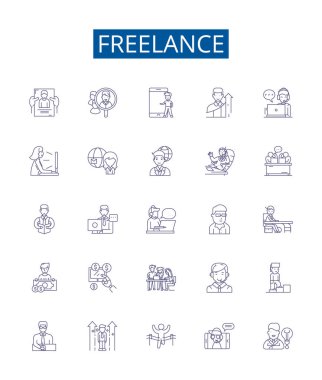 Freelance line icons signs set. Design collection of Freelancer, Contractor, Outsourcing, Remote, Autonomous, Self employed, Gig, Casual outline vector concept illustrations clipart