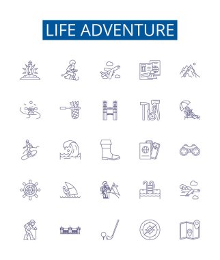 Hayat Macerası Çizgisi simgeleri belirlendi. Journey, Exploration, Experience, Trek, Quest, Tour, Spree ana hatlı vektör çizimlerinin tasarım koleksiyonu