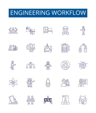 Mühendislik çalışma hattı simgeleri ayarlandı. Tasarım koleksiyonu, mühendislik, iş akışı, tasarım, süreç, optimizasyon, otomasyon, planlama, geliştirme ana hatları vektör çizimleri