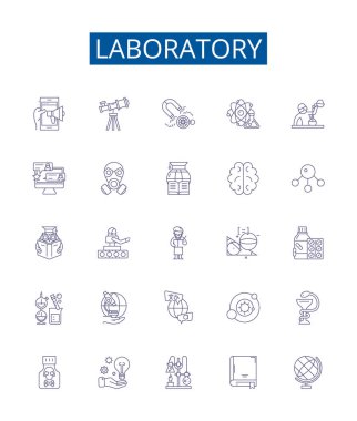 Laboratuvar çizgisi simgeleri ayarlandı. Laboratuar, Araştırma, Test, Deney, Deney, Analiz, Kimya, Analiz, Değerlendirme ana konsept çizimleri tasarım koleksiyonu