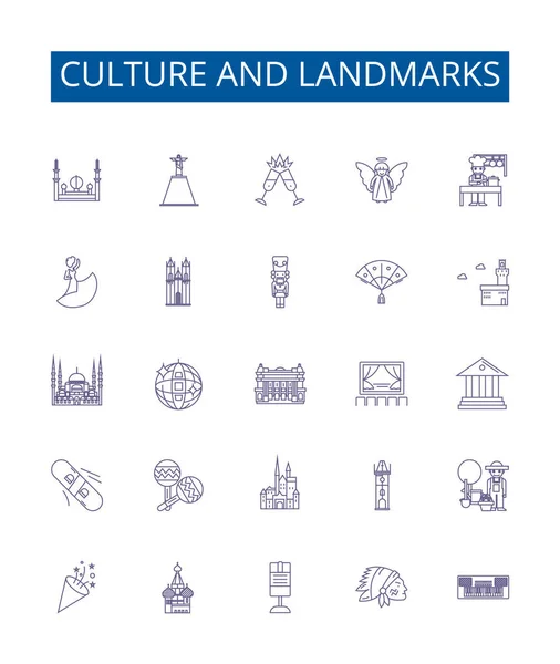 Culture Landmarks Line Icons Signs Set Design Collection Tradition Heritage — Stock Vector