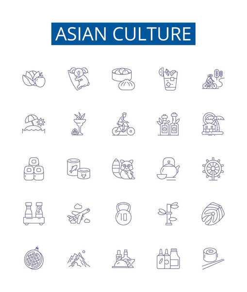 Asian culture line icons signs set. Design collection of Asian, Culture, Japan, China, India, Rice, Cuisine, Temple outline vector concept illustrations