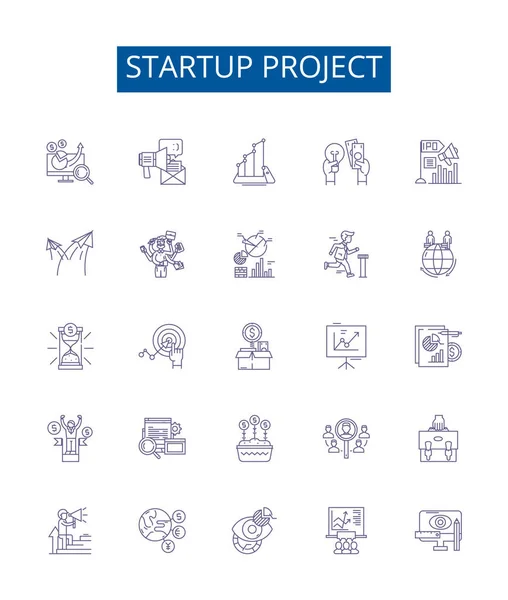 Inicie Línea Proyecto Iconos Signos Establecidos Diseño Colección Startup Proyecto — Archivo Imágenes Vectoriales