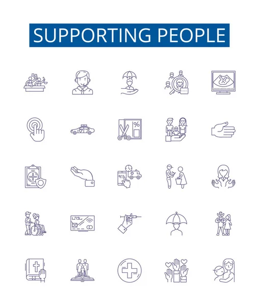 Supporting People Line Icons Signs Set Design Collection Aid Uplift — Stock Vector