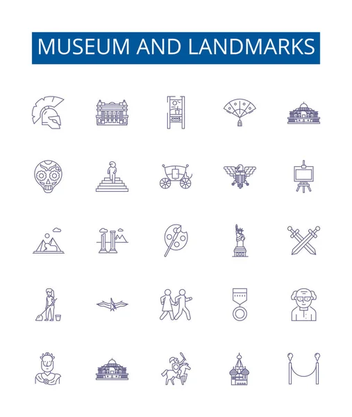 博物館やランドマークラインアイコンが設定されています 美術館 ランドマーク 記念碑 文化遺産の概要ベクトルの概念図のデザインコレクション — ストックベクタ