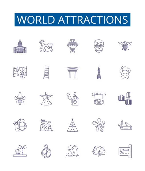 World Attractions Line Icons Signs Set Design Collection Sites Destinations — Stock Vector