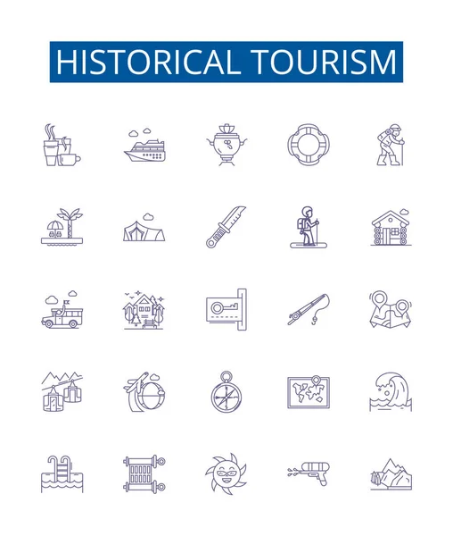Ligne Tourisme Historique Icônes Signes Ensemble Collection Design Patrimoine Culturel — Image vectorielle