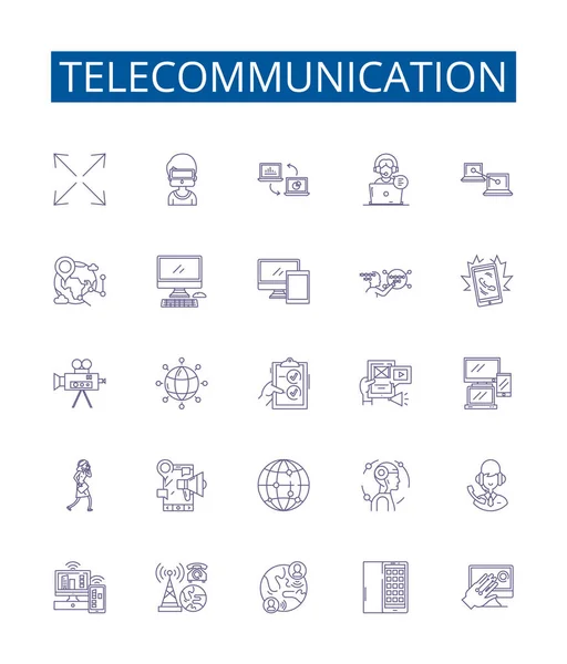 Línea Telecomunicaciones Iconos Signos Establecidos Diseño Colección Telecom Redes Comunicación — Vector de stock
