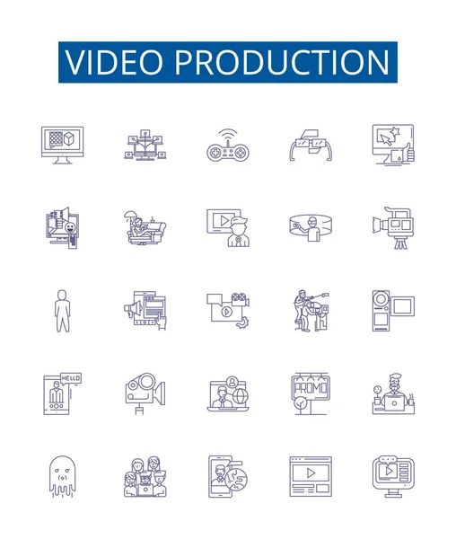 Ligne Production Vidéo Icônes Signes Ensemble Collection Design Cinématographie Tournage — Image vectorielle