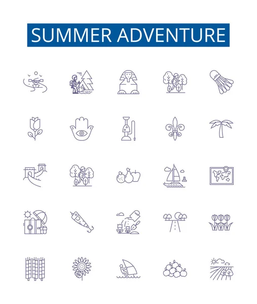 Літня Лінія Пригод Іконами Колекція Дизайну Vacation Trekking Camping Hiking — стоковий вектор