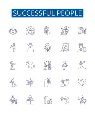 Başarılı insan çizgisi simgeleri ayarlandı. Başaranlar, kazananlar, patronlar, go getters, titanlar, refah, başarılı, varlıklı vektör çizimleri tasarım koleksiyonu