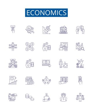 Ekonomi çizgisi simgeleri ayarlandı. Tasarım koleksiyonu Ekonomi, Finans, Arz, Talep, Sermaye, Üretim, Yatırım, Ticaret ana hatları vektör çizimleri