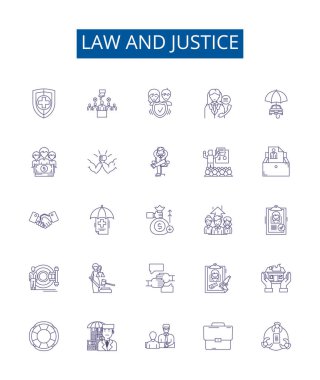 Hukuk ve adalet hattı simgeleri belirlendi. Hukuk, Adalet, Yargı, Hukuk, Hukuk, Hukuk, Yasal, Yasal, Öncel, Doğruluk ana hatları vektör çizimleri tasarım koleksiyonu