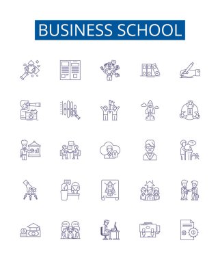 İşletme okulu çizgi simgeleri ayarlandı. İş, Okul, MBA, Finans, Pazarlama, Yönetim, Girişimcilik, Danışmanlık ana hatlı vektör çizimleri tasarım koleksiyonu
