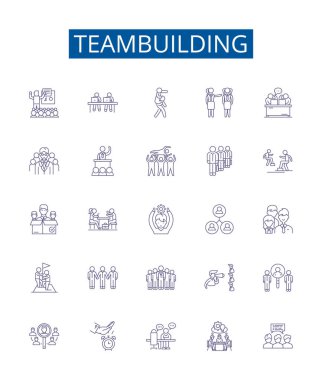 Takım oluşturma simgeleri ayarlandı. Takım çalışması, Kooperatif, İşbirliği, Ağ, Birleşme, Bağlanma, İletişim, Motivasyon ana hatları vektör çizimleri tasarımı