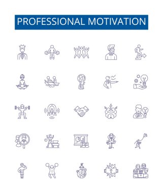 Profesyonel motivasyon çizgisi simgeleri ayarlandı. Tasarım koleksiyonu, ilham, coşku, kararlılık, azim, kararlılık, kararlılık, kararlılık, özveri, özenti vektör tasvirleri