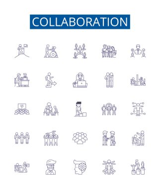 İşbirliği çizgisi simgeleri ayarlandı. Tasarım koleksiyonu: İşbirliği, Ortaklık, Takım Çalışması, İttifak, Senkronizasyon, Koordinasyon, Ortak çaba, Sinerji ana hatlı vektör çizimleri