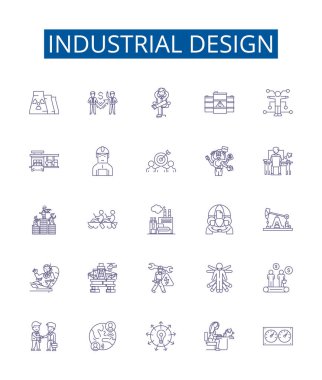 Endüstriyel tasarım çizgisi simgeleri ayarlandı. Endüstriyel, Tasarım, Otomasyon, Üretim, Robot Bilimi, Mühendislik, Şekil Verme, Üretim Tasarım ana taslak çizim tasarımı