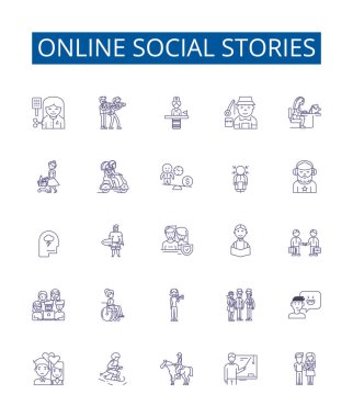 Çevrimiçi sosyal hikayeler çizgi simgeleri ayarlandı. Ağ, Sosyalleştirme, Hikaye Anlatımı, Etkileşim, Bağlantı, Paylaşım, Yayınlama, Belgelendirme ana konsept çizimleri koleksiyonu