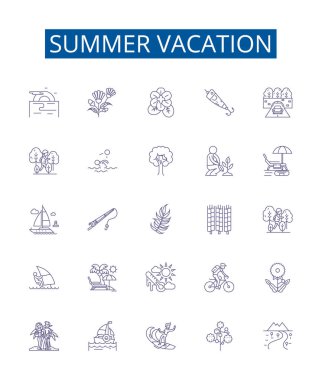 Yaz tatili simgeleri belirlendi. Holiday, Tatil, Sun, Beach, Fun, Heat, BBQ, Seyahat ana hatleri vektör çizimleri tasarımı