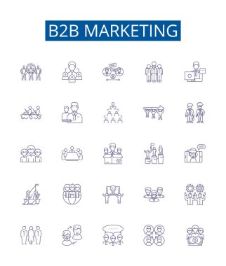 B2b pazarlama çizgisi simgeleri ayarlandı. BB, Pazarlama, Satışlar, Stratejiler, Taktikler, İçerik, Yönetim, Analitik ana hatları vektör çizimleri tasarım koleksiyonu