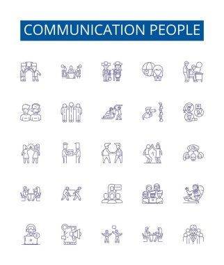 İletişim insanları çizgi simgeleri ayarlandı. Interact, Converse, Exchange, Network, Diyalog, Sohbet, Bağlantı, Ana hat vektör çizimlerini ilişkilendir