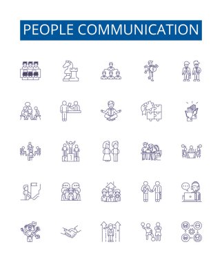 İnsanlar iletişim hattı simgeleri ayarlandı. Diyalog, Sohbet, İletişim, İletişim, Yazışma, Telefon, İletişim, Mesajlaşma ana hatları vektör çizimleri koleksiyonu