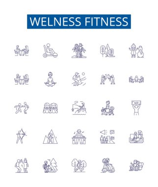 Sağlık fitness çizgisi simgeleri ayarlandı. Refah, Zindelik, Egzersiz, Sağlık, Beslenme, Diyet, Kuvvet, Yoga ana hatları konsept çizimleri tasarım koleksiyonu