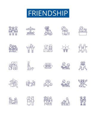 Arkadaşlık çizgisi simgeleri ayarlandı. Bağ, Arkadaşlık, İttifak, Dostluk, Duygu, Destek, Kardeşlik, Birlik, Şefkat ana hatları çizim çizimleri tasarımı