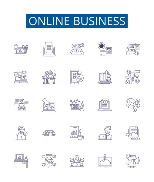 Linea Business Online Icone Segni Set Collezione Design Commerce Digitale — Vettoriale Stock