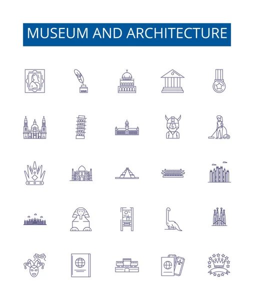 Zbiór Ikon Linii Muzealnej Architektonicznej Kolekcja Designerska Muzeum Architektura Wystawa — Wektor stockowy