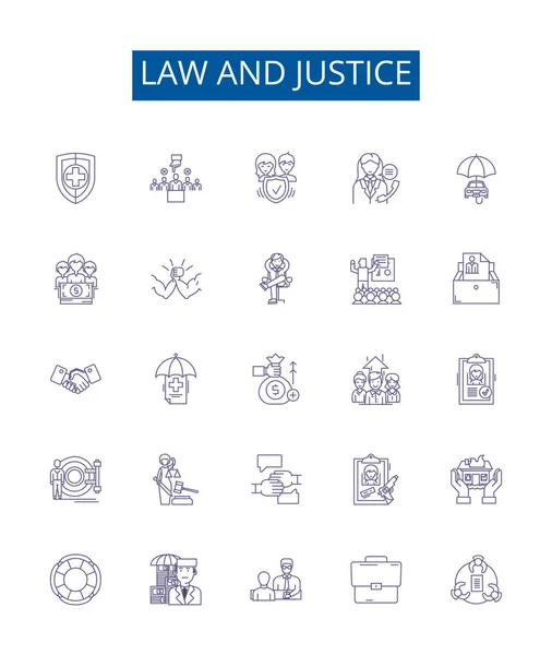法律と司法ラインのアイコンが設定されています 正義の概要ベクトルの概念図のデザインコレクション — ストックベクタ