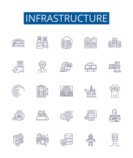 Infrastructure Line Icons Signs Set Design Collection Buildings Roads Bridges — Stock Vector