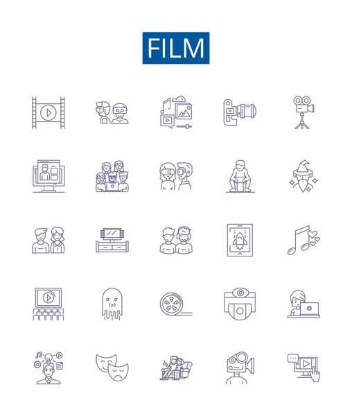 Línea Película Iconos Letreros Establecidos Diseño Colección Película Cine Producción — Vector de stock