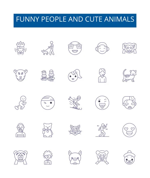Funny People Cute Animals Line Icons Signs Set Design Collection — Stock Vector