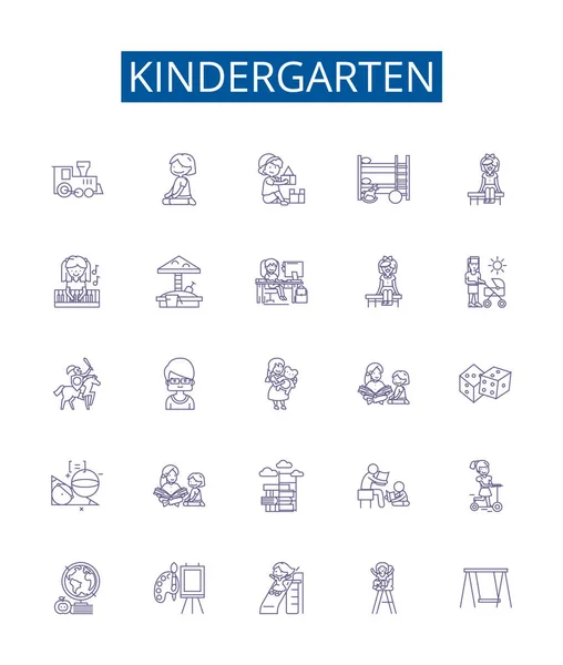 Kindergarten Line Icons Signs Set Design Collection Preschool Nursery Early — Stock Vector