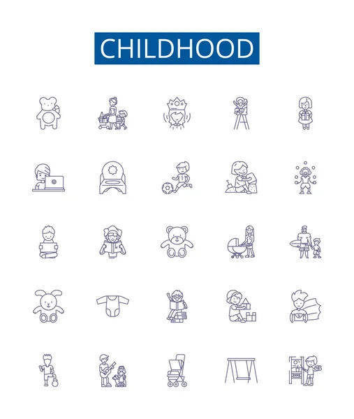 儿时线标志着标志的设置 青少年 游戏时间 欢乐的纲要概念图解设计集 — 图库矢量图片