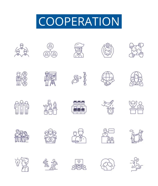 Linea Cooperazione Icone Segni Set Collezione Design Collaborazione Accord Alleanza — Vettoriale Stock