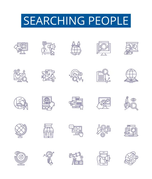 Buscando Personas Línea Iconos Signos Establecidos Colección Diseño Find Seek — Vector de stock