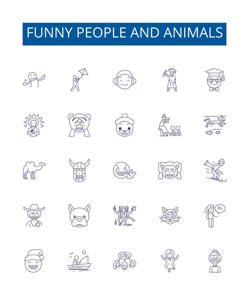 Personas Divertidas Animales Línea Iconos Letreros Conjunto Diseño Colección Humor — Vector de stock