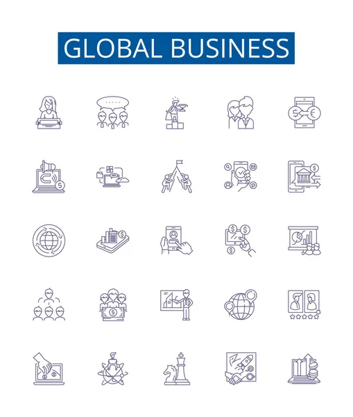 Global Business Line Icons Signs Set Design Collection Global Business — Stock Vector