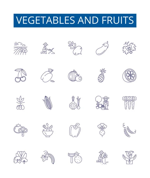 stock vector Vegetables and fruits line icons signs set. Design collection of Carrots, Tomatoes, Apples, Cabbage, Oranges, Peas, Potatoes, Bananas outline vector concept illustrations