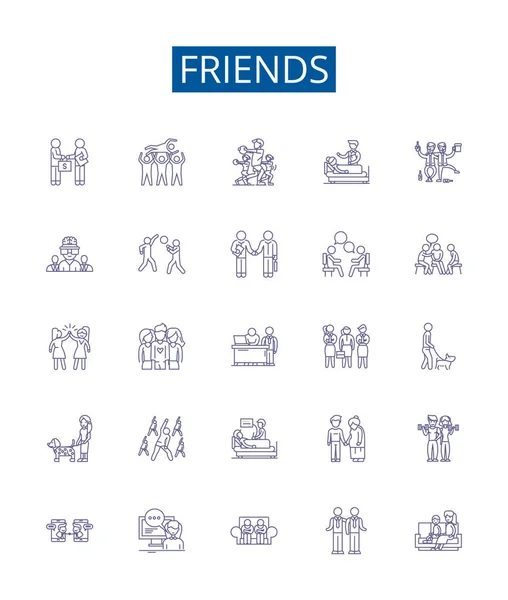 Друзі Встановлюють Знаки Рядків Піктограм Дизайн Колекції Компаньйонів Приятелів Однолітків — стоковий вектор