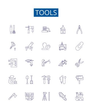 Araç çizgisi simgeleri ayarlandı. İngiliz anahtarı, İngiliz anahtarı, çekiç, pense, matkap, testere, tornavida, cetvel ana hatlı vektör çizimleri tasarım koleksiyonu