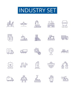 Endüstri çizgi simgeleri belirlendi. Fabrika, Endüstri, Üretim, İşletme, Ticaret, Tesis, Atölye, Üretim ana hatları vektör çizimleri tasarımı