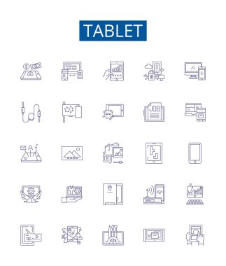 Tablet satır simgeleri ayarlandı. Tablet, iPad, Android, Samsung, Fire, Windows, Kindle, Bilgisayar ana hatları vektör çizimleri koleksiyonu
