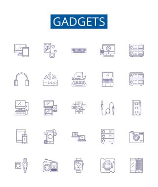 Gadgets çizgi simgeleri ayarlandı. Aygıtların, elektronik aletlerin, aletlerin, araçların, teknolojinin, oyuncakların, iPhone 'ların tasarım koleksiyonu, bilgisayarların ana hatları vektör çizimleri